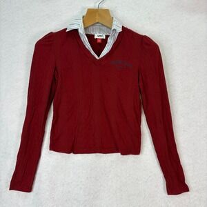Tommy Jeans Red Layered Collar Ribbed Knit Long Sleeve Top Womens XS Preppy Y2K